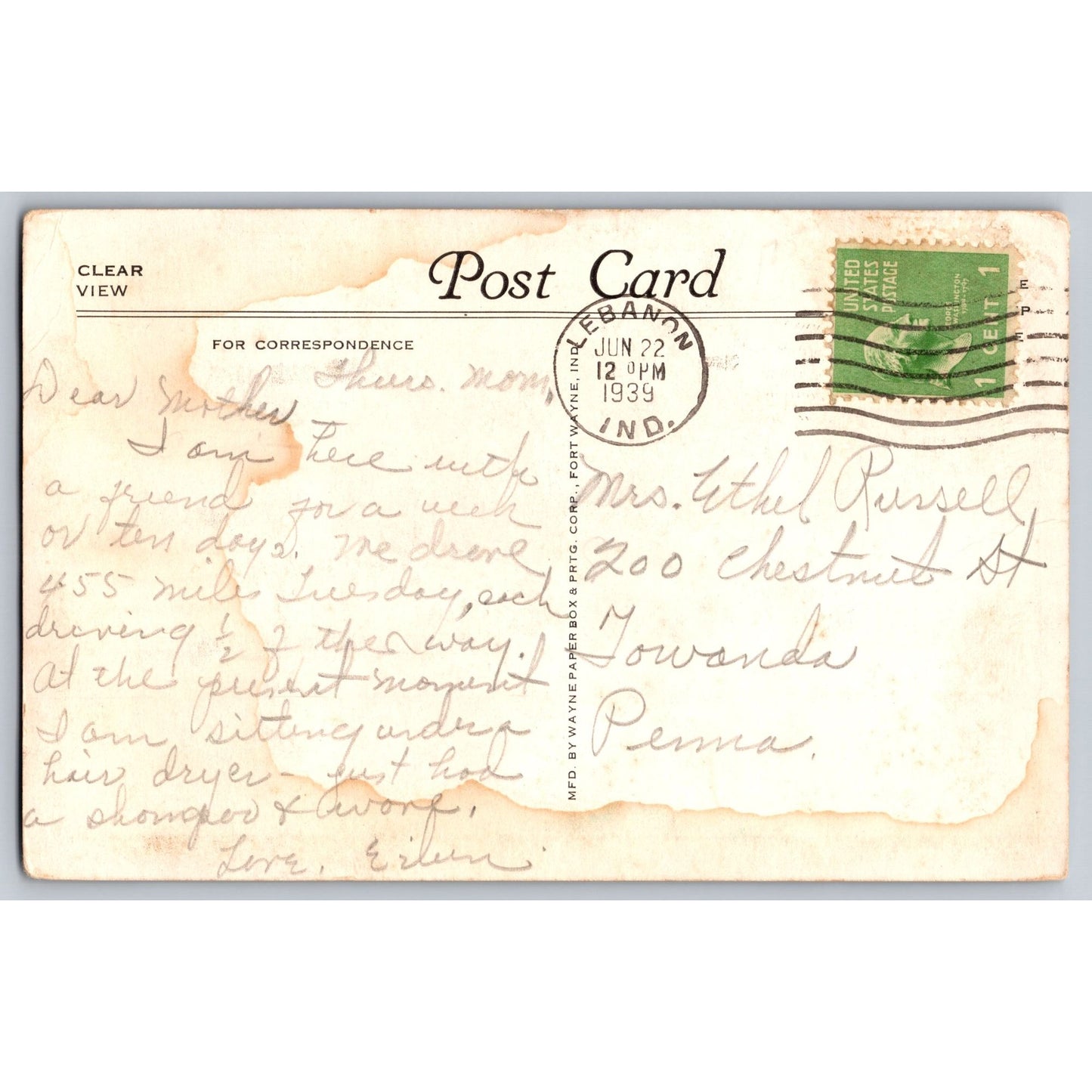 Lebanon IN Indiana Ulen Country Club Scenic View 1939 Postcard Used