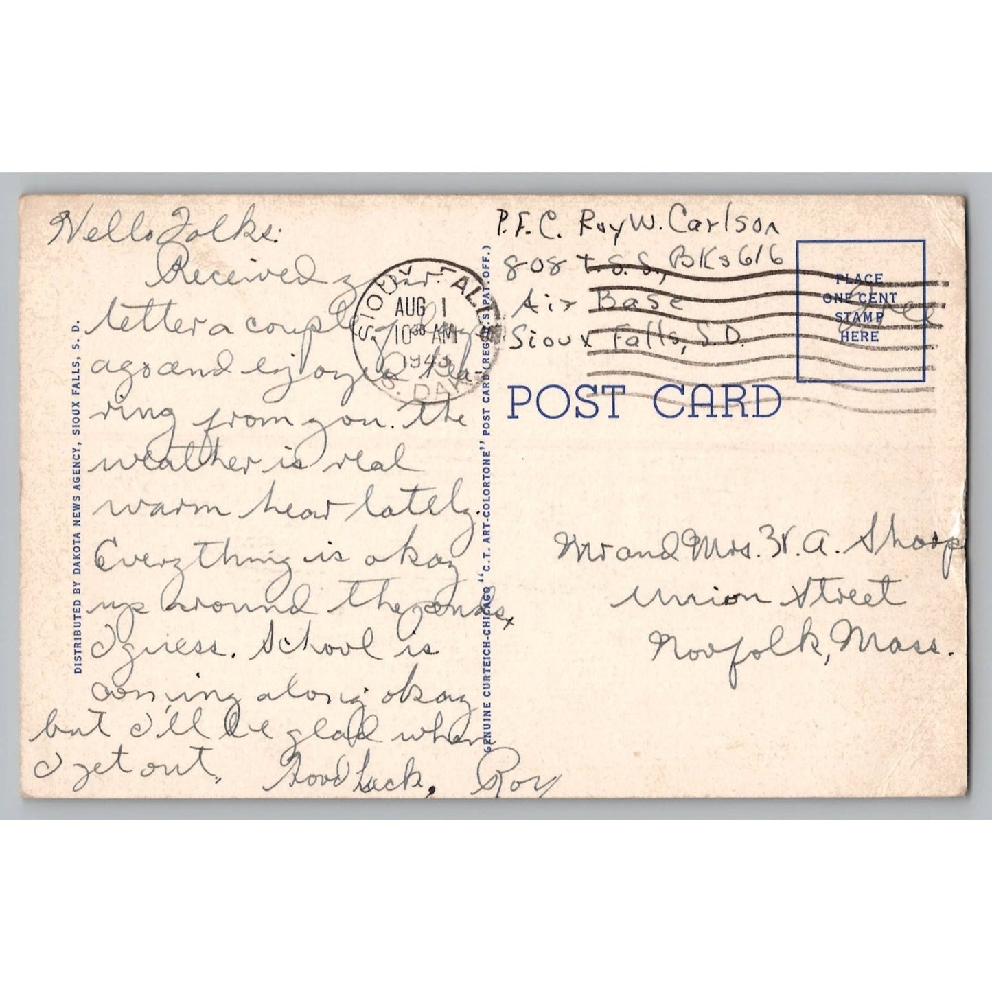 Sioux Falls SD South Dakota City Hall White Border Postcard 1943