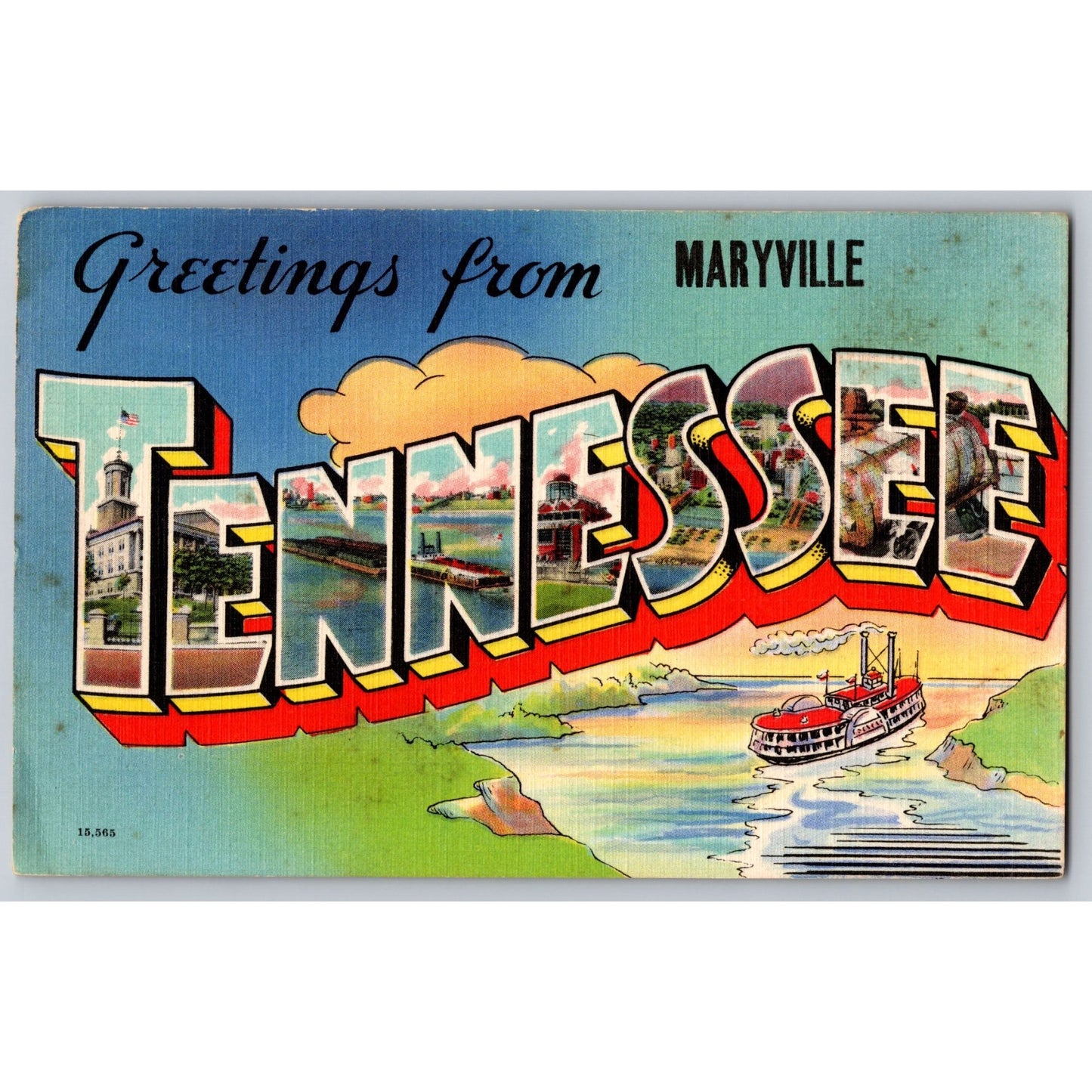 Maryville TN Tennessee Large Letter Scenic Souvenir Linen Postcard Unused
