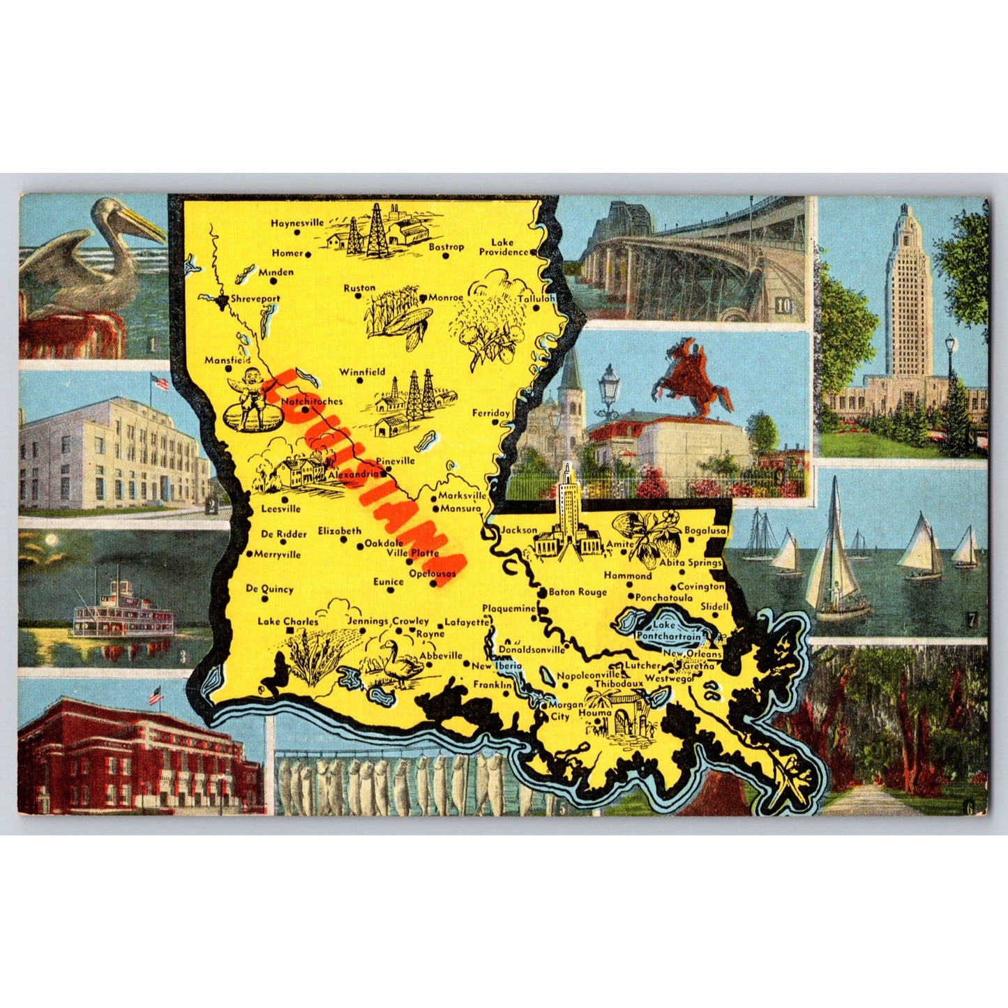 LA Louisiana Map & Landmarks Chrome Postcard Unused