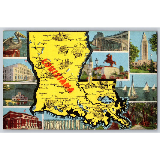 LA Louisiana Map & Landmarks Chrome Postcard Unused