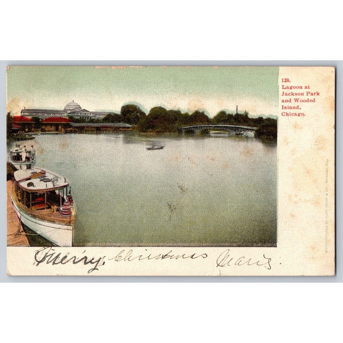 Chicago IL Illinois Jackson Park Lagoon Wooded Island Boat and Bridge Postcard