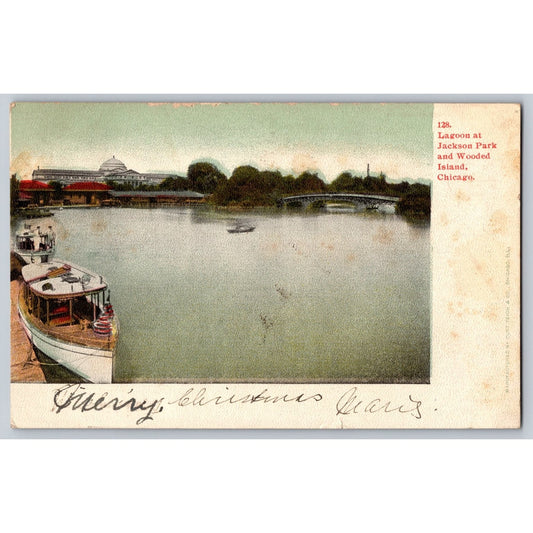 Chicago IL Illinois Jackson Park Lagoon Wooded Island Boat and Bridge Postcard