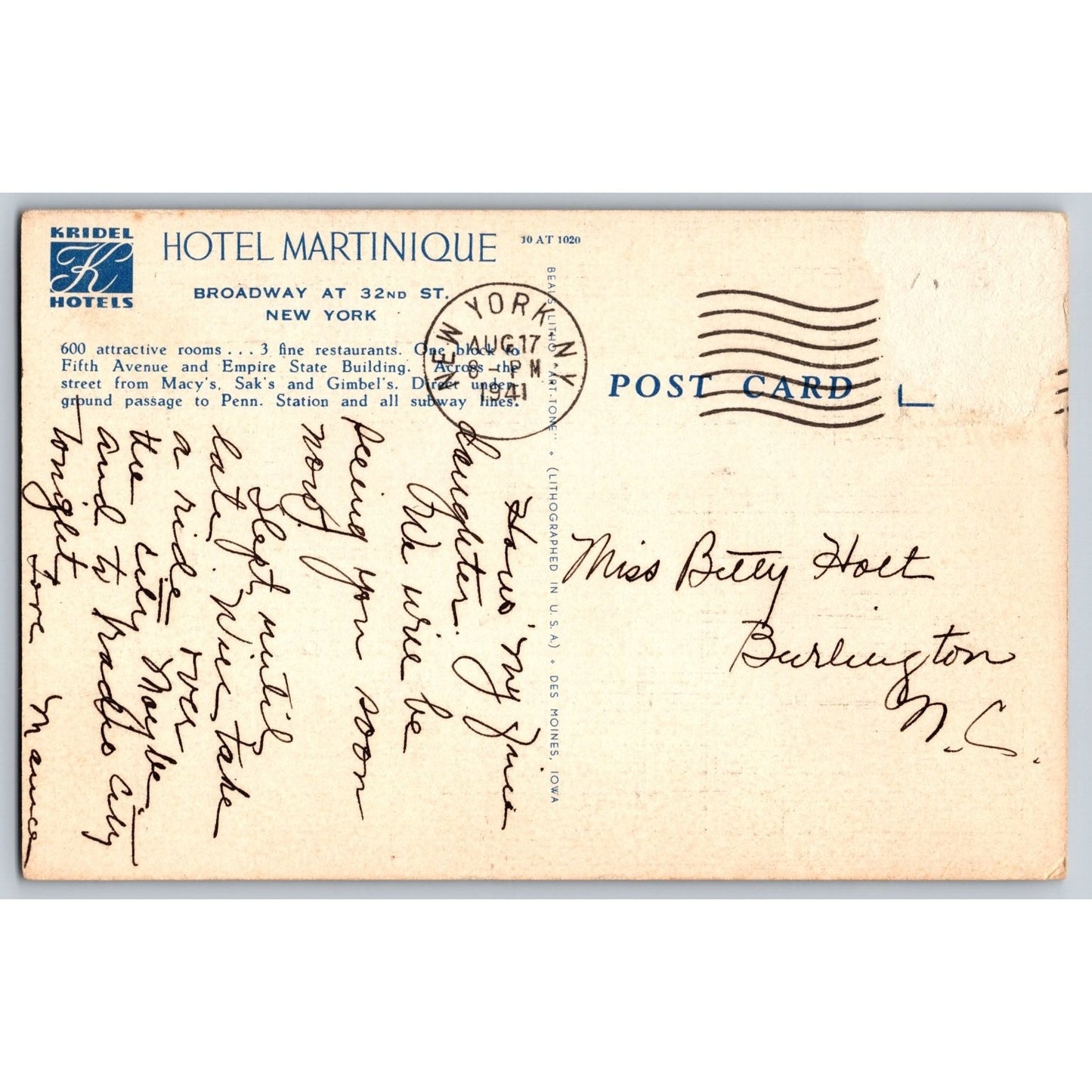 New York City NY Hotel Martinique Broadway 32nd St Linen Postcard Used