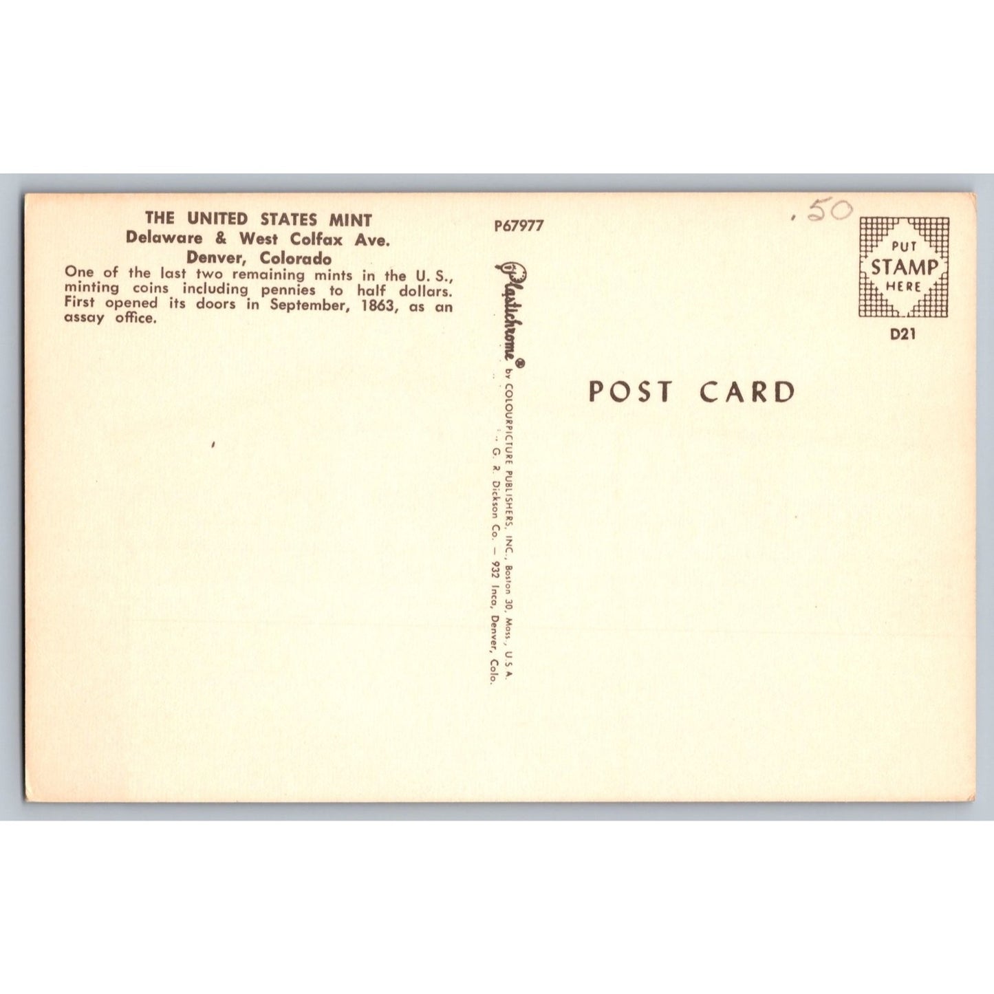 Denver CO Colorado United States Mint Chrome Postcard Unused