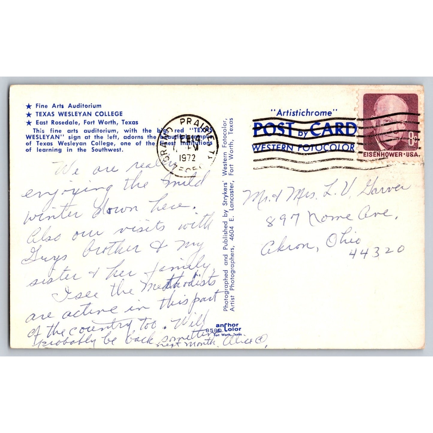 Fort Worth TX Texas Wesleyan College East Rosedale 1972 Chrome Postcard Used