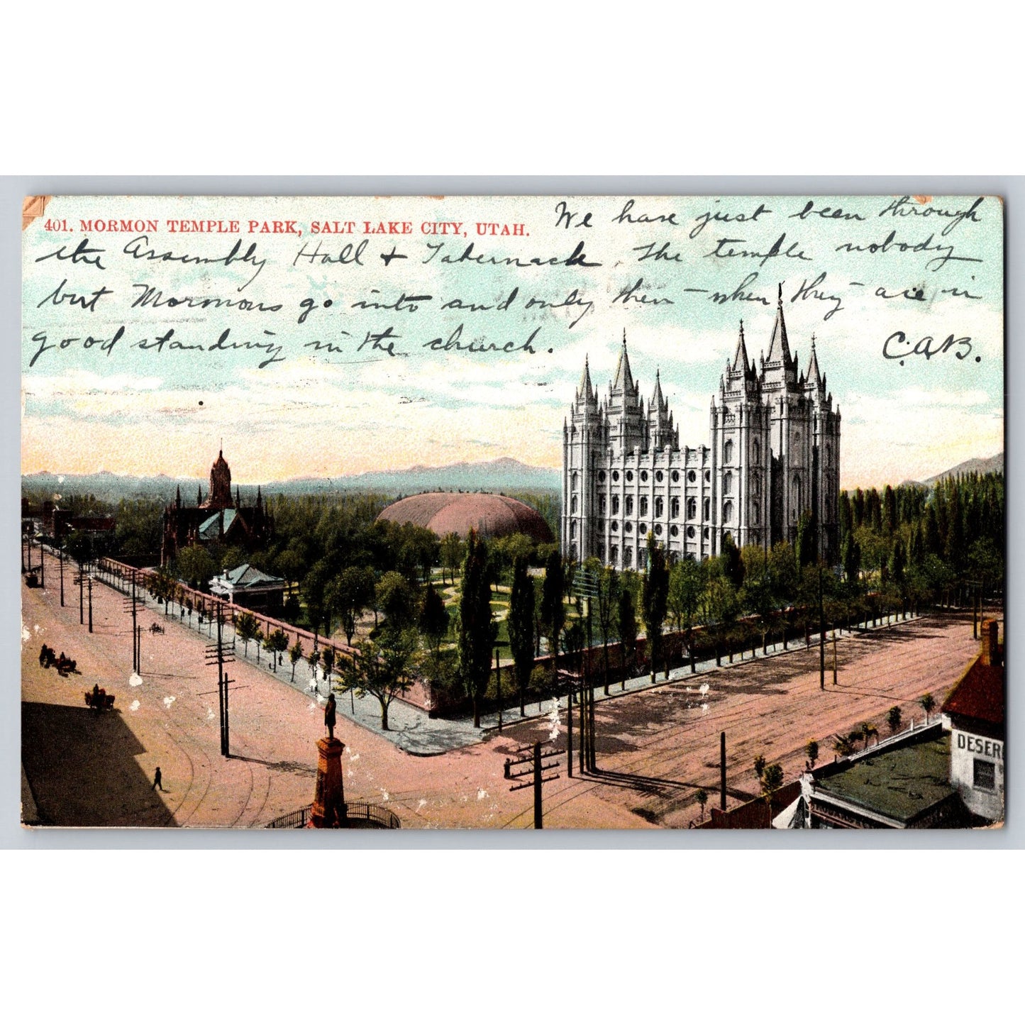 Salt Lake City UT Utah Mormon Temple Undivided Back Postcard Used 1907