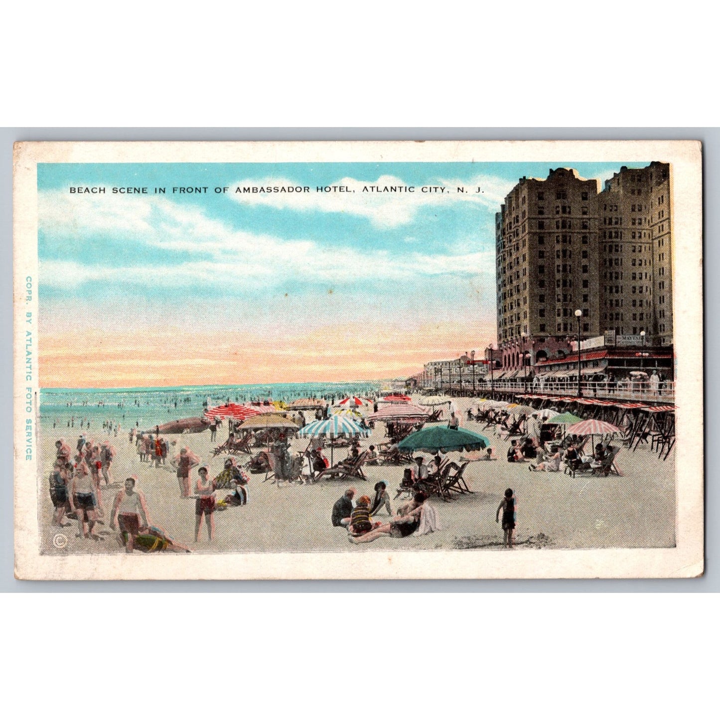 Atlantic City NJ Ambassador Hotel Beach Scene White Border Postcard Unused