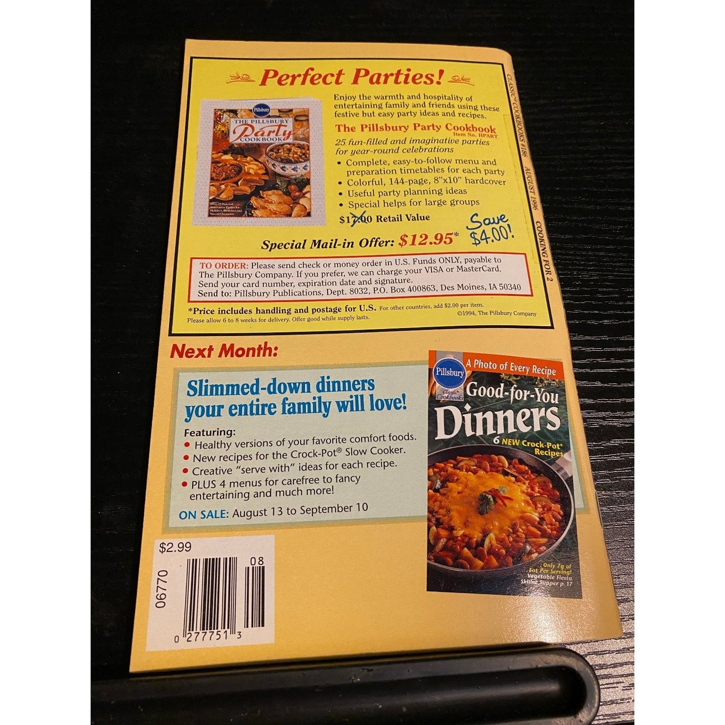 Pillsbury Classic Cookbook Booklet 1996 Cooking for 2 Recipes