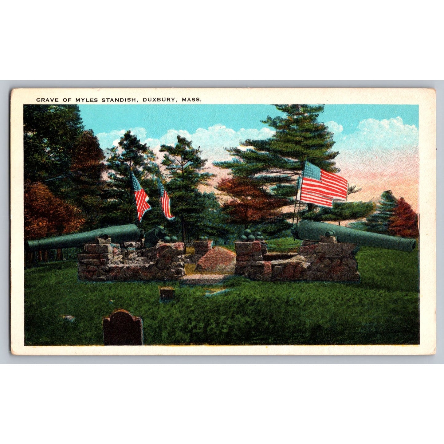 Duxbury MA Massachusetts Myles Standish Grave Postcard Patriotic Scene Flags