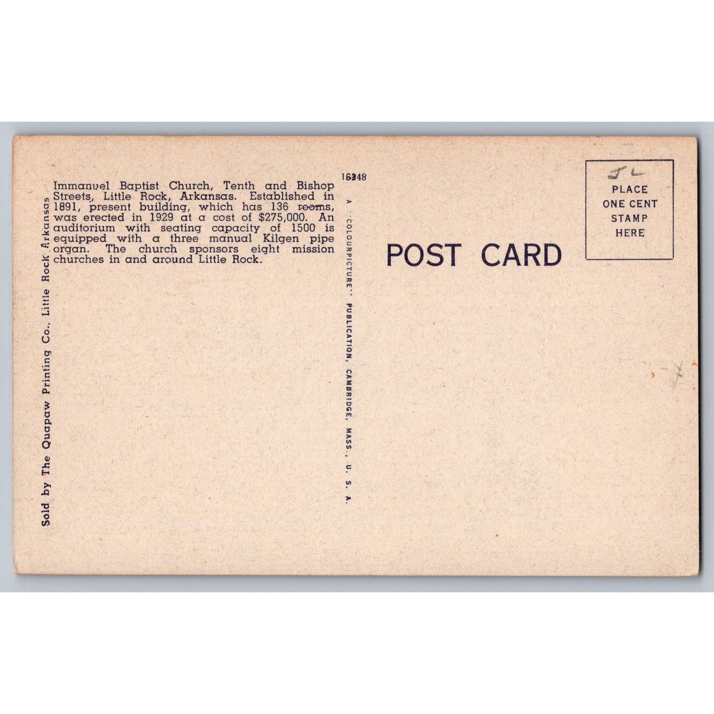 Little Rock AR Arkansas Immanuel Baptist Church Linen Postcard Unused