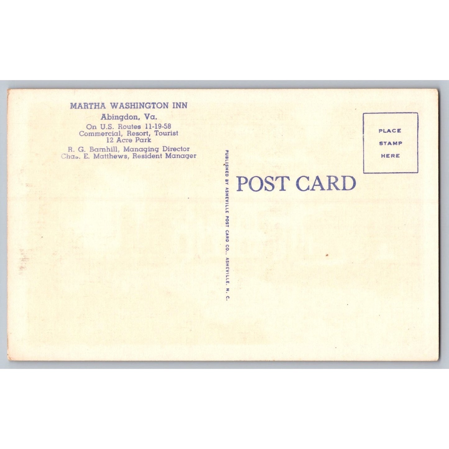 Abington VA Virginia Martha Washington Inn White Border Postcard