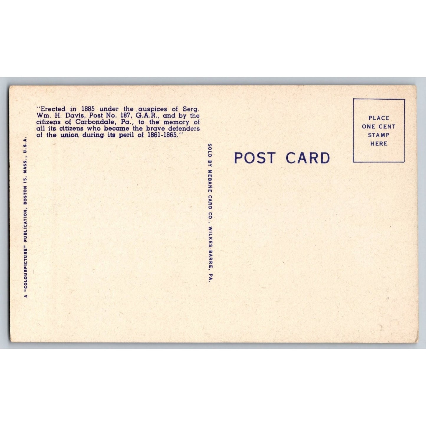 Carbondale PA Pennsylvania Civil War Gettysburg Monument Linen Postcard Unused
