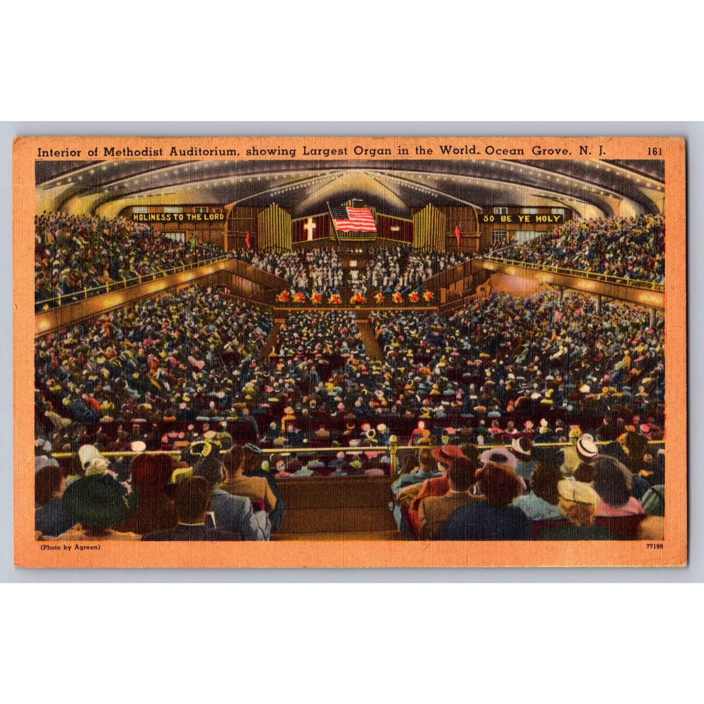Ocean Grove NJ New Jersey Methodist Auditorium Largest Organ Linen Postcard 1951