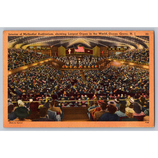 Ocean Grove NJ New Jersey Methodist Auditorium Largest Organ Linen Postcard 1951