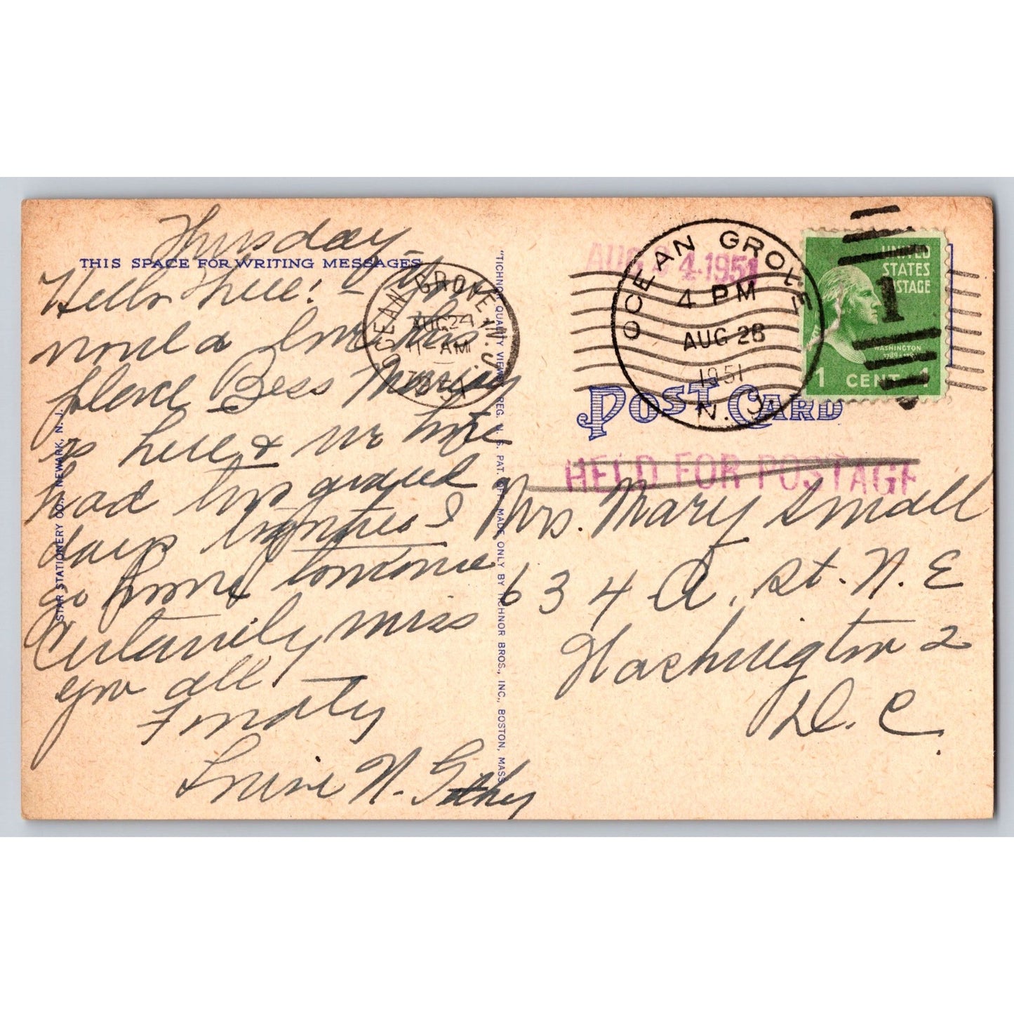 Ocean Grove NJ New Jersey Methodist Auditorium Largest Organ Linen Postcard 1951