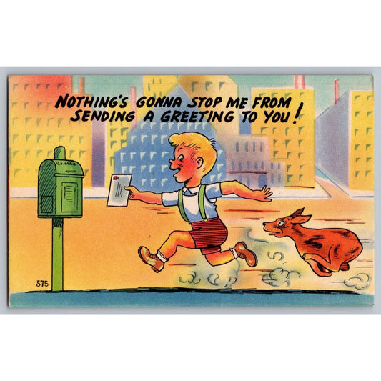 Comic Postcard Humorous Boy Mailing Letter with Dog and Mailbox Linen 1950s