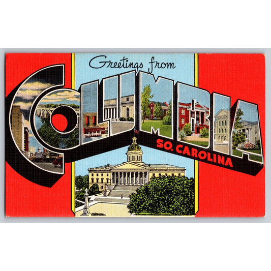 Columbia SC South Carolina Large Letter Greetings from 1940s Linen Postcard