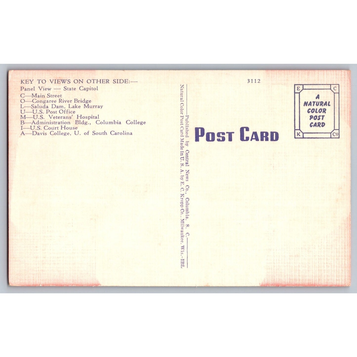 Columbia SC South Carolina Large Letter Greetings from 1940s Linen Postcard