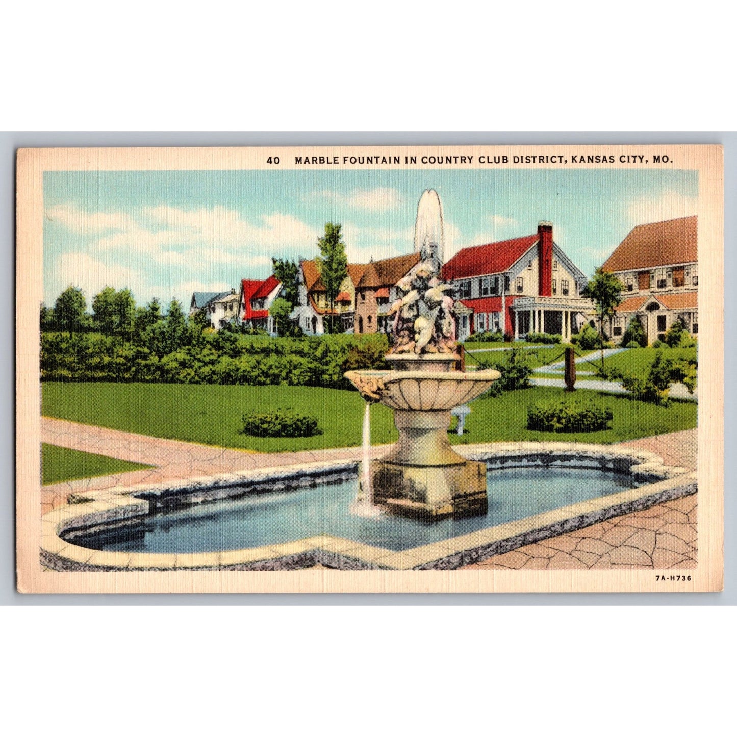 Kansas City MO Missouri Country Club Marble Fountain White Border Postcard