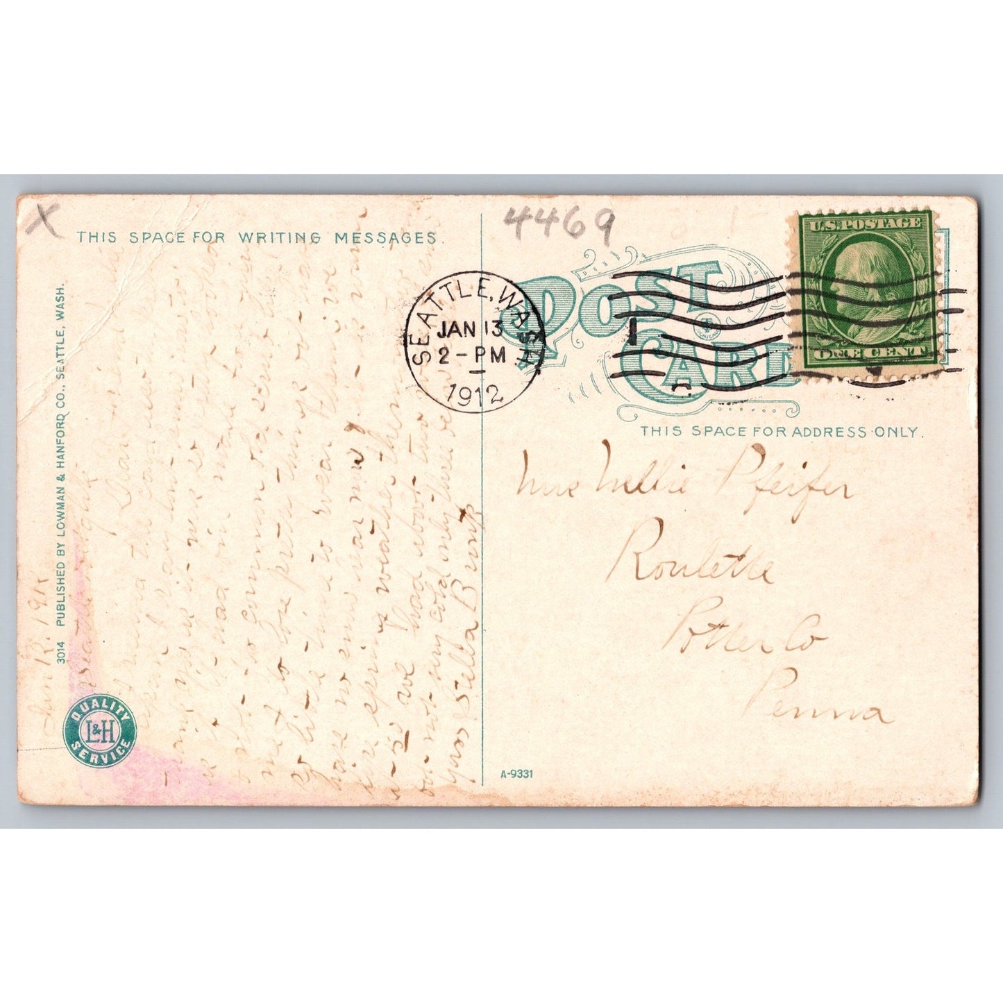 Seattle WA Washington Lincoln High School 1912 Divided Back Postcard Used