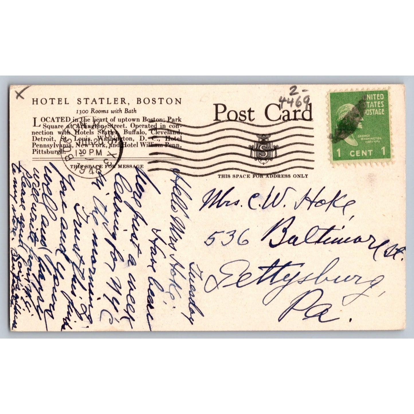 Boston MA Massachusetts Hotel Statler Park Square 1948 Postcard Used