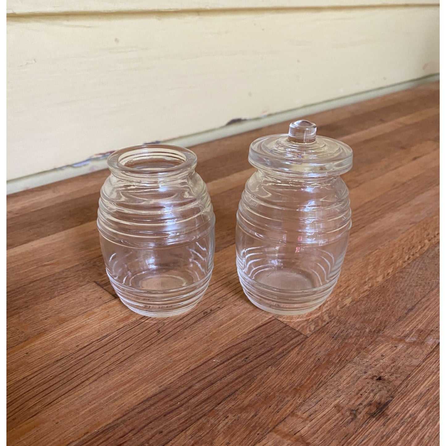 Honey Jars Mini Ribbed Barrel Clear Glass Jars With One Lid Set of 2