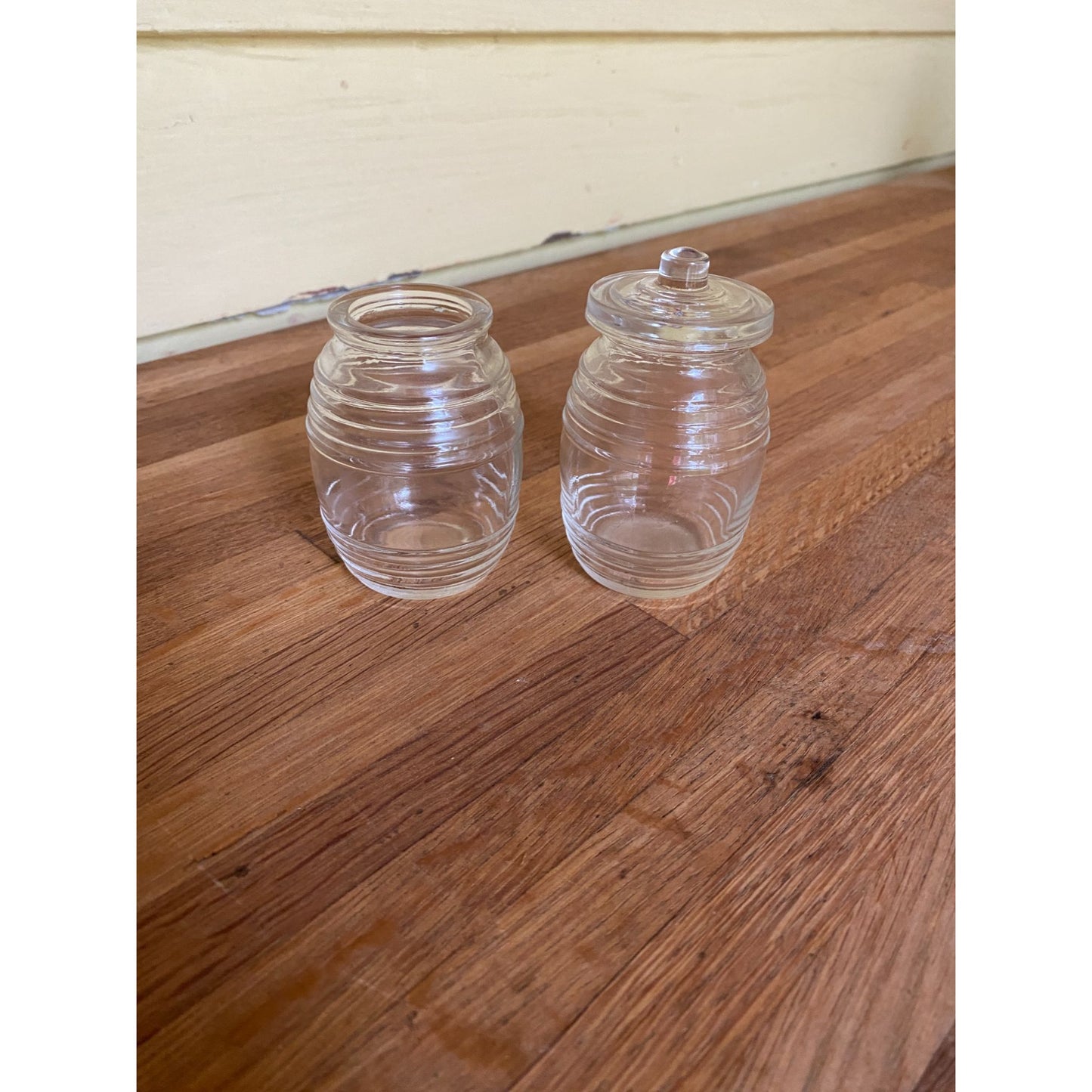 Honey Jars Mini Ribbed Barrel Clear Glass Jars With One Lid Set of 2