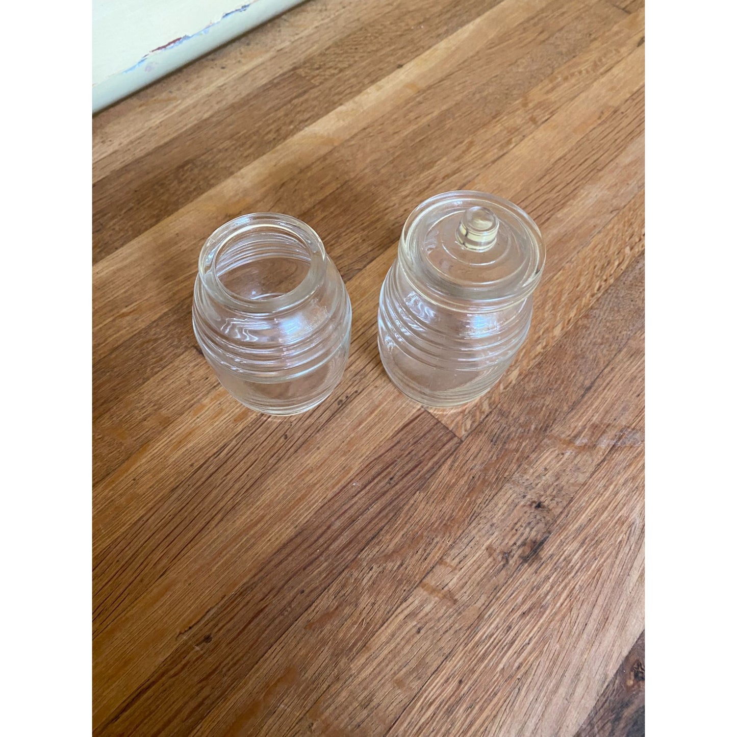 Honey Jars Mini Ribbed Barrel Clear Glass Jars With One Lid Set of 2