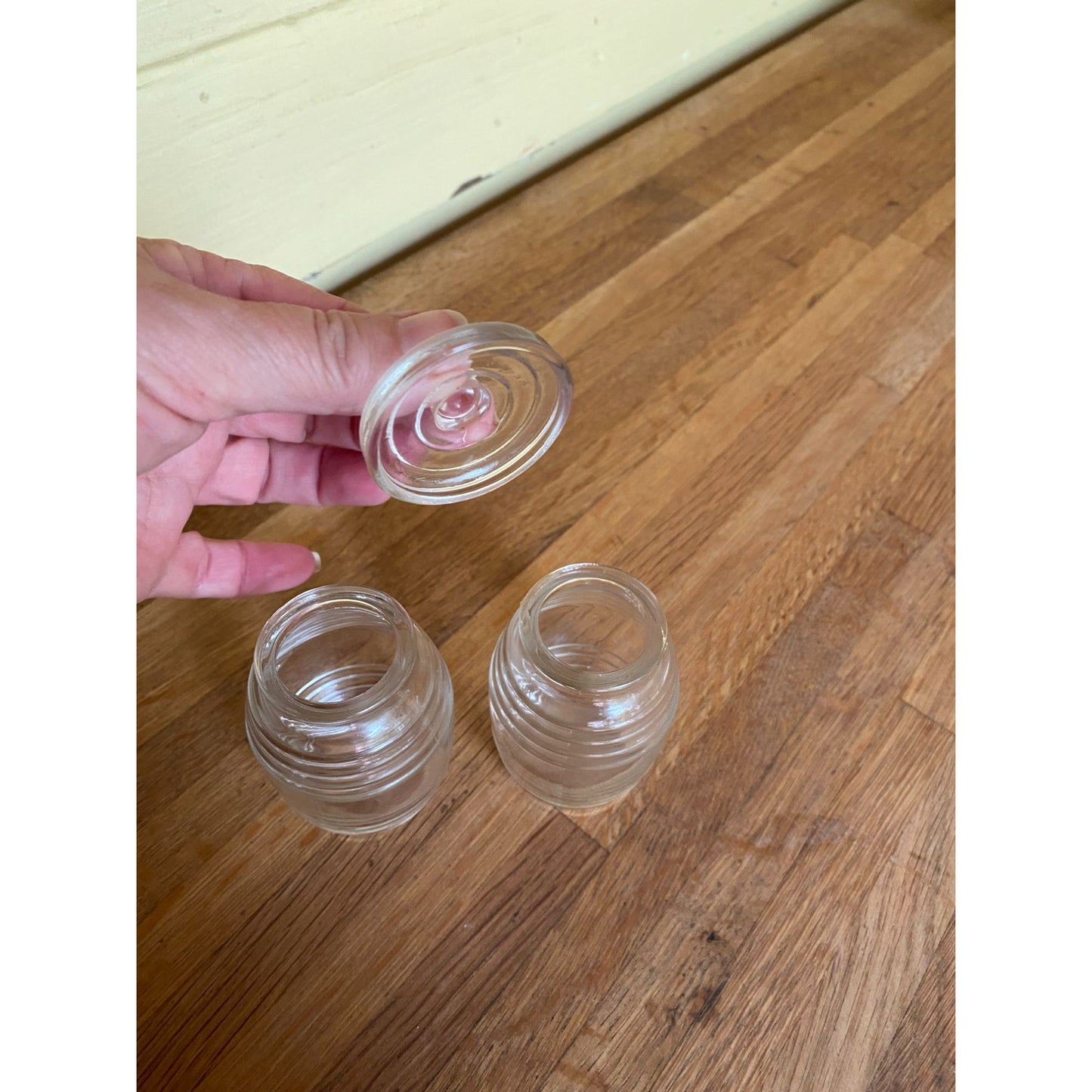Honey Jars Mini Ribbed Barrel Clear Glass Jars With One Lid Set of 2