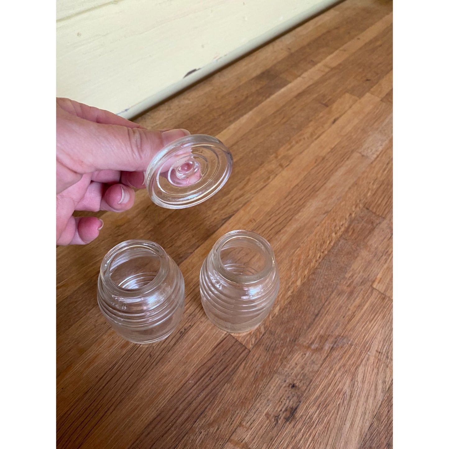 Honey Jars Mini Ribbed Barrel Clear Glass Jars With One Lid Set of 2