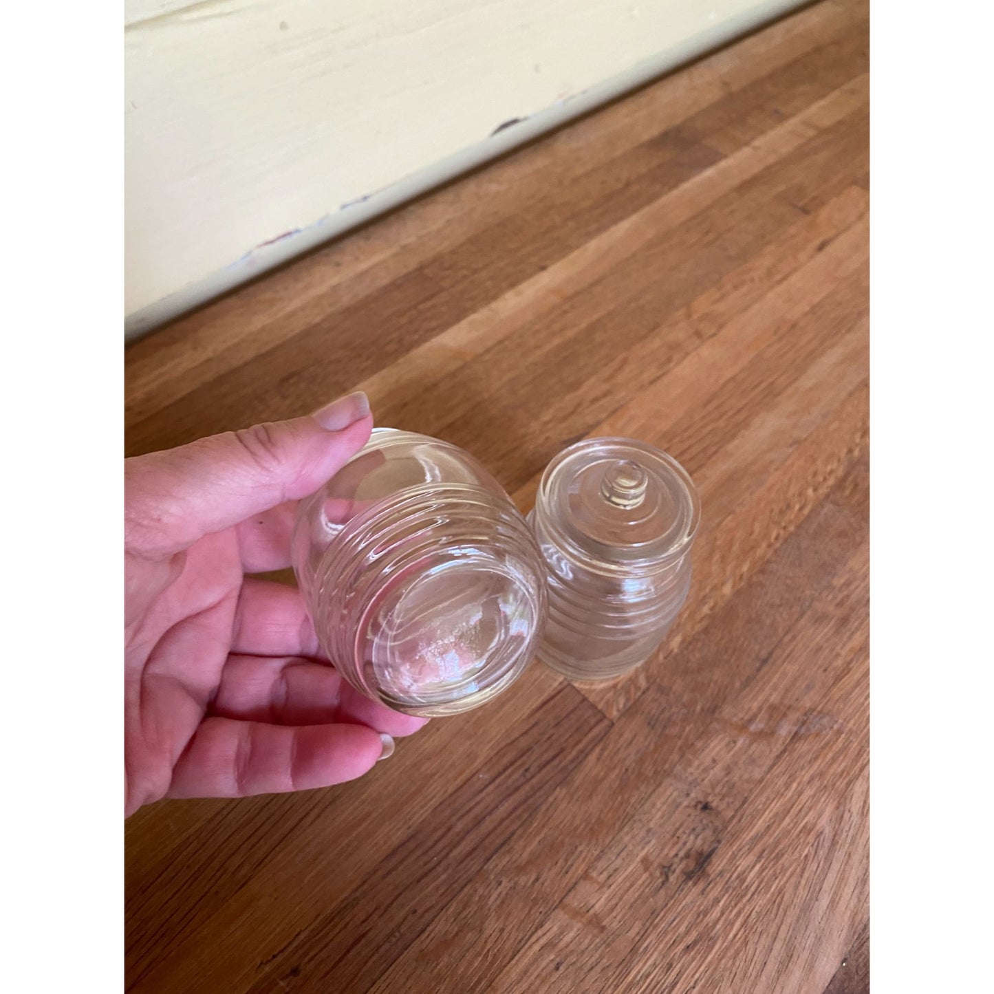 Honey Jars Mini Ribbed Barrel Clear Glass Jars With One Lid Set of 2
