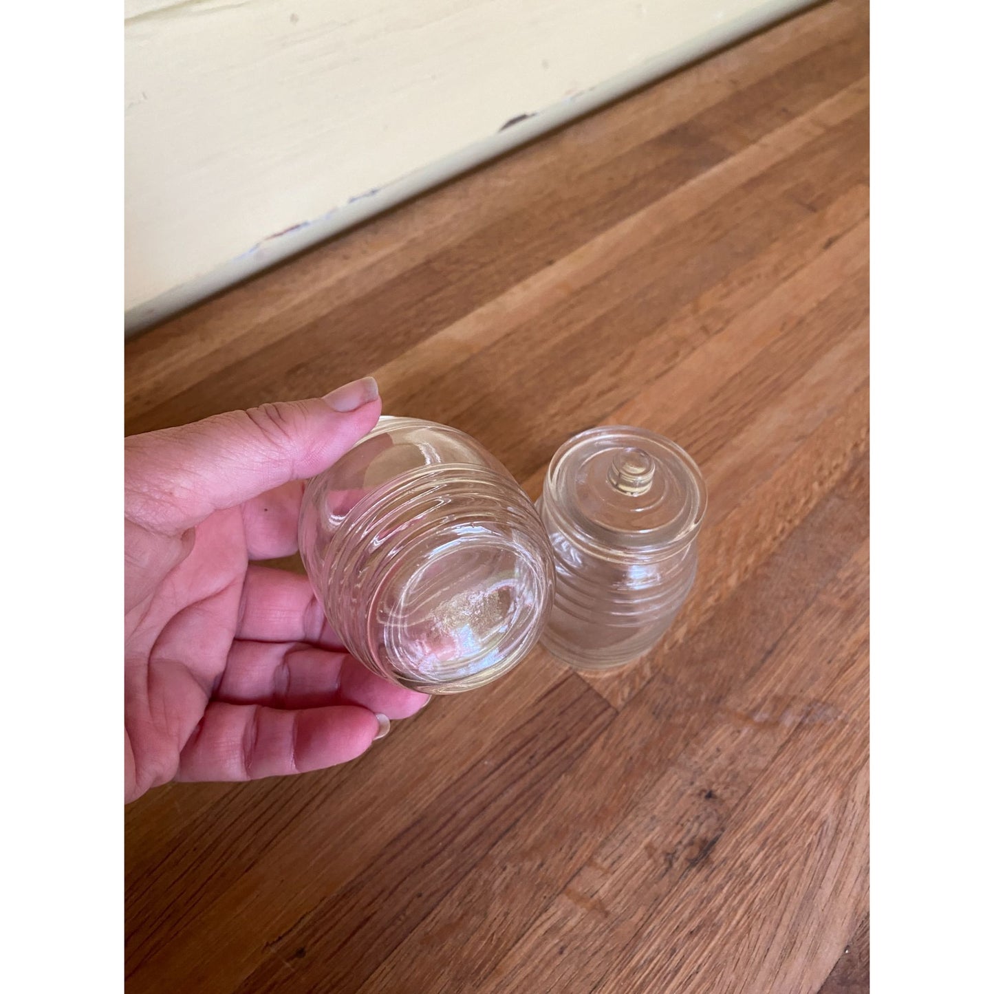 Honey Jars Mini Ribbed Barrel Clear Glass Jars With One Lid Set of 2