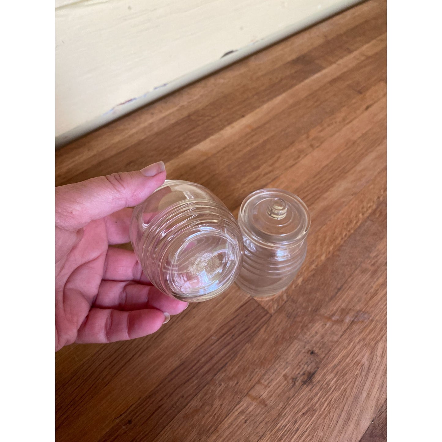 Honey Jars Mini Ribbed Barrel Clear Glass Jars With One Lid Set of 2