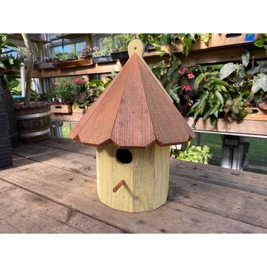 Handmade Birdhouse for Outdoor Use 1/2 Round Buttercup Yellow with Stained Roof