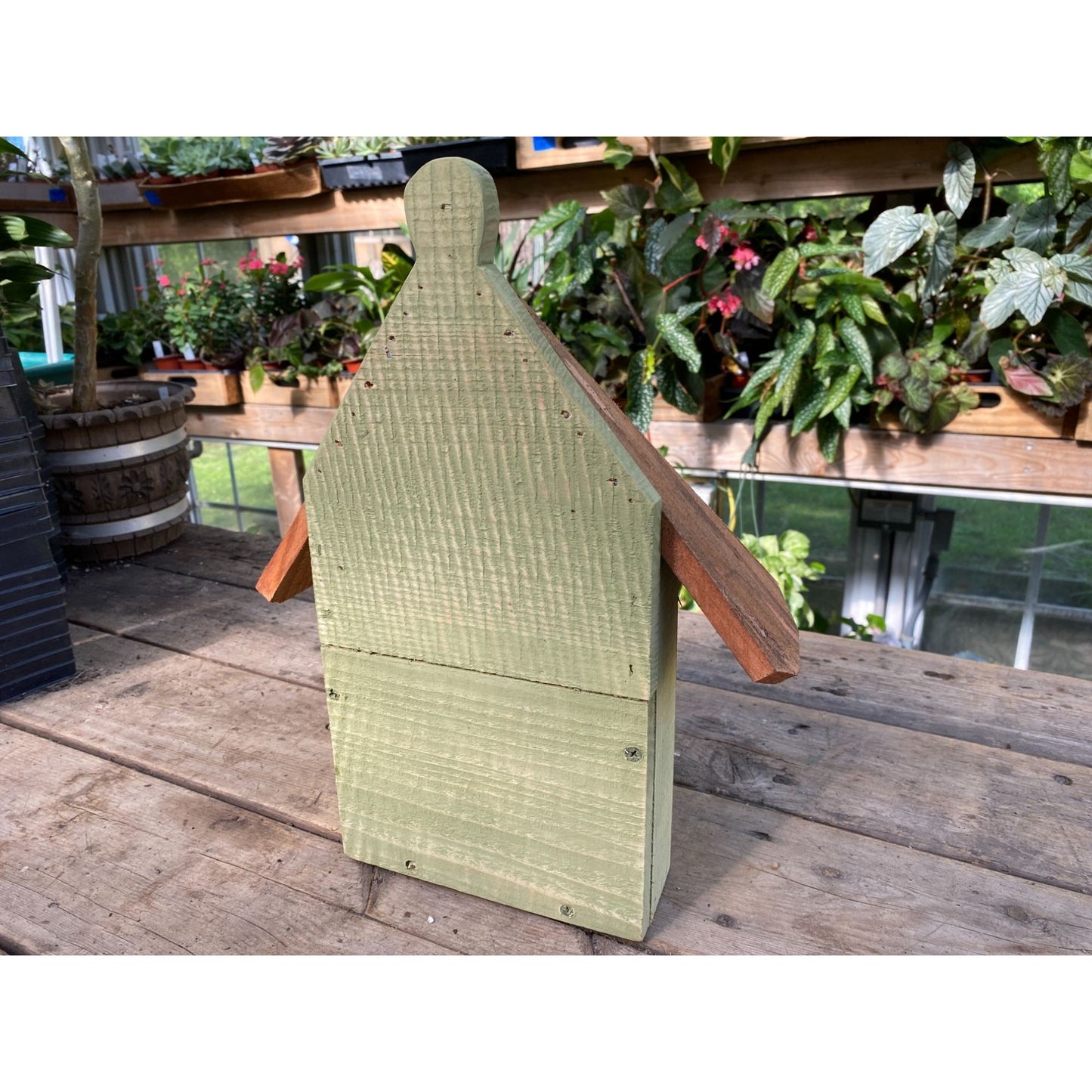 Handmade Birdhouse for Outdoor Use 1/2 Round Bayberry Green with Stained Roof