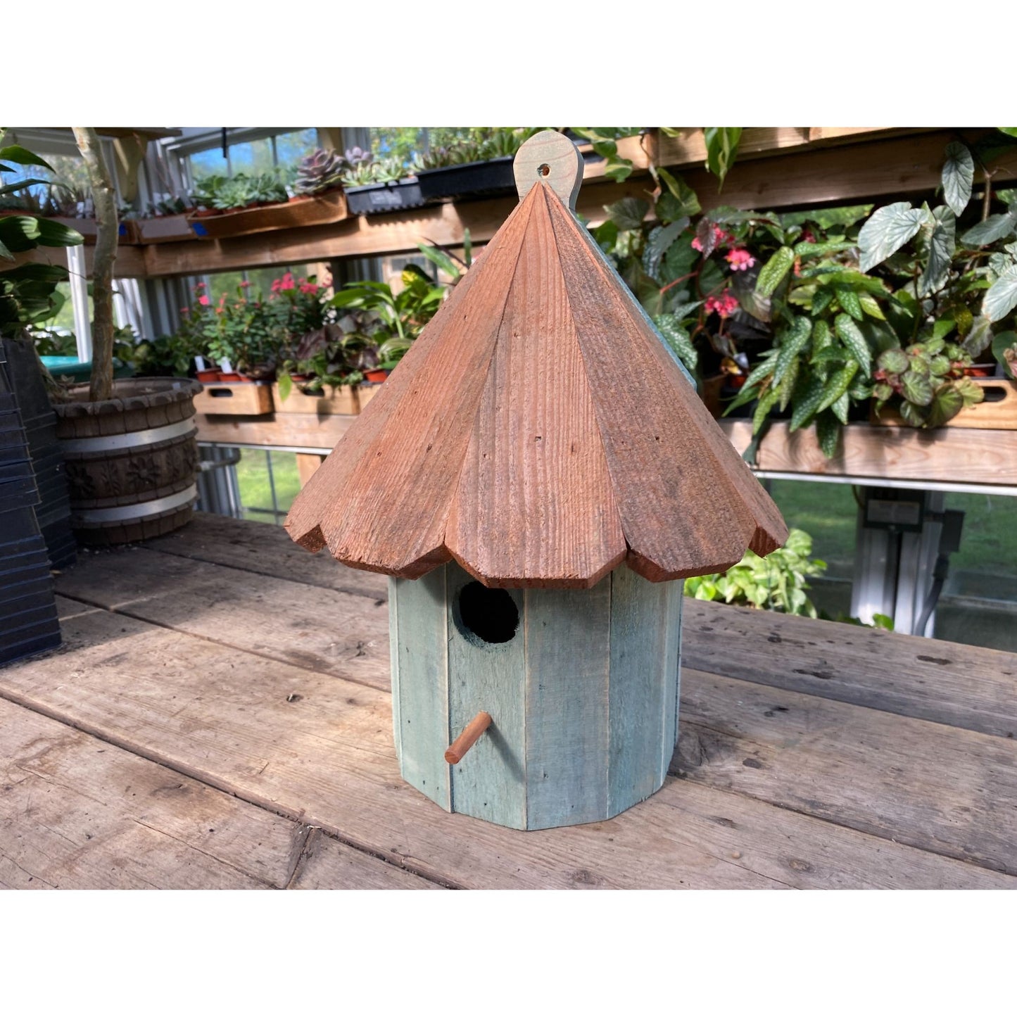 Handmade Birdhouse for Outdoor Use 1/2 Round Blue Spruce with Stained Roof