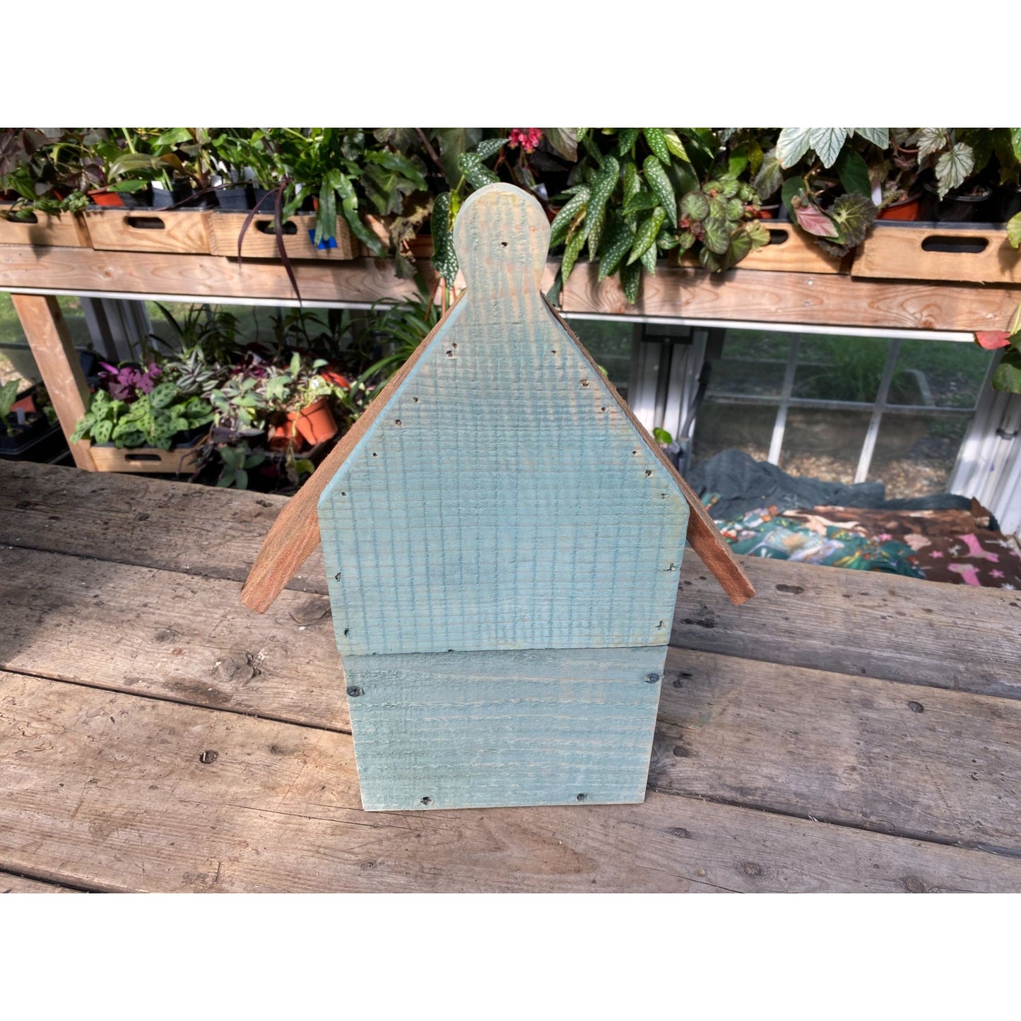 Handmade Birdhouse for Outdoor Use 1/2 Round Blue Spruce with Stained Roof