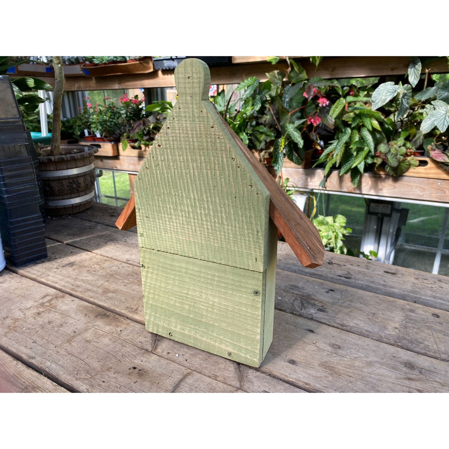 Handmade Birdhouse for Outdoor Use 1/2 Round Bayberry Green with Stained Roof