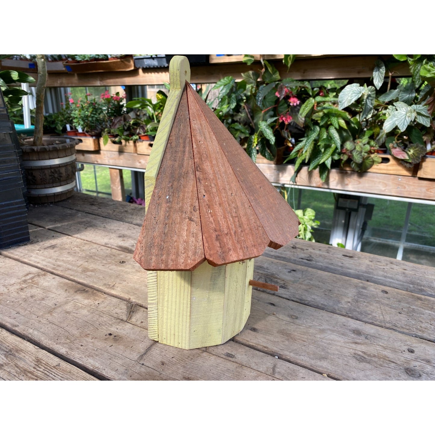 Handmade Birdhouse for Outdoor Use 1/2 Round Buttercup Yellow with Stained Roof