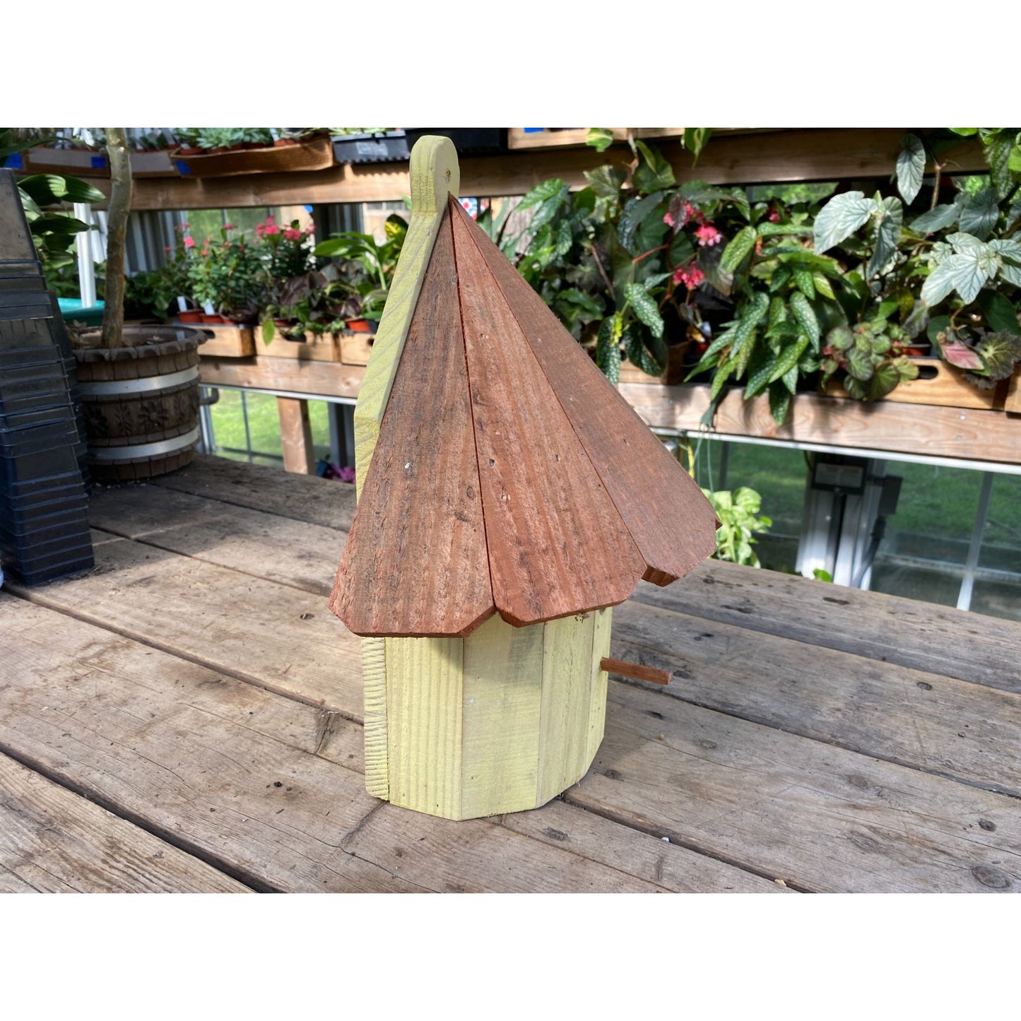 Handmade Birdhouse for Outdoor Use 1/2 Round Buttercup Yellow with Stained Roof