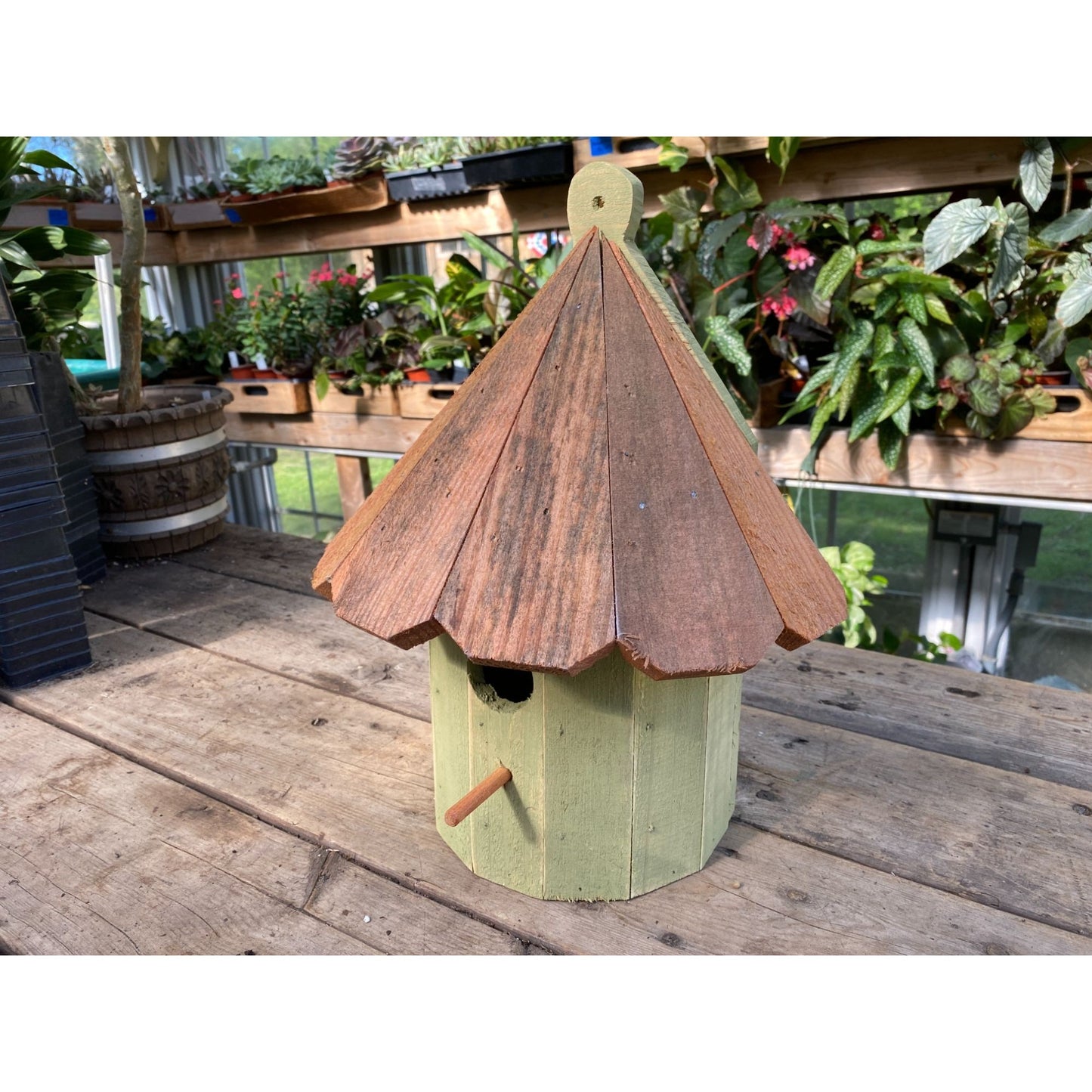 Handmade Birdhouse for Outdoor Use 1/2 Round Bayberry Green with Stained Roof