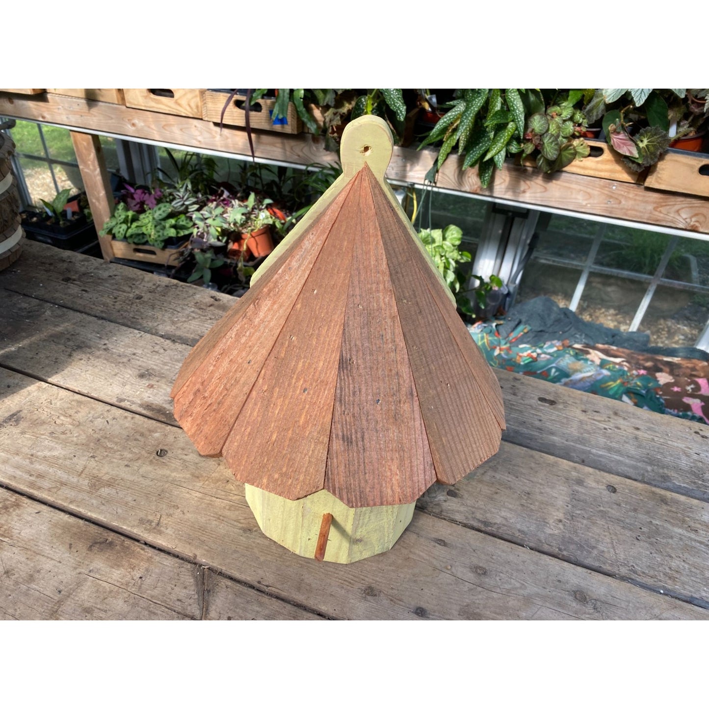 Handmade Birdhouse for Outdoor Use 1/2 Round Buttercup Yellow with Stained Roof