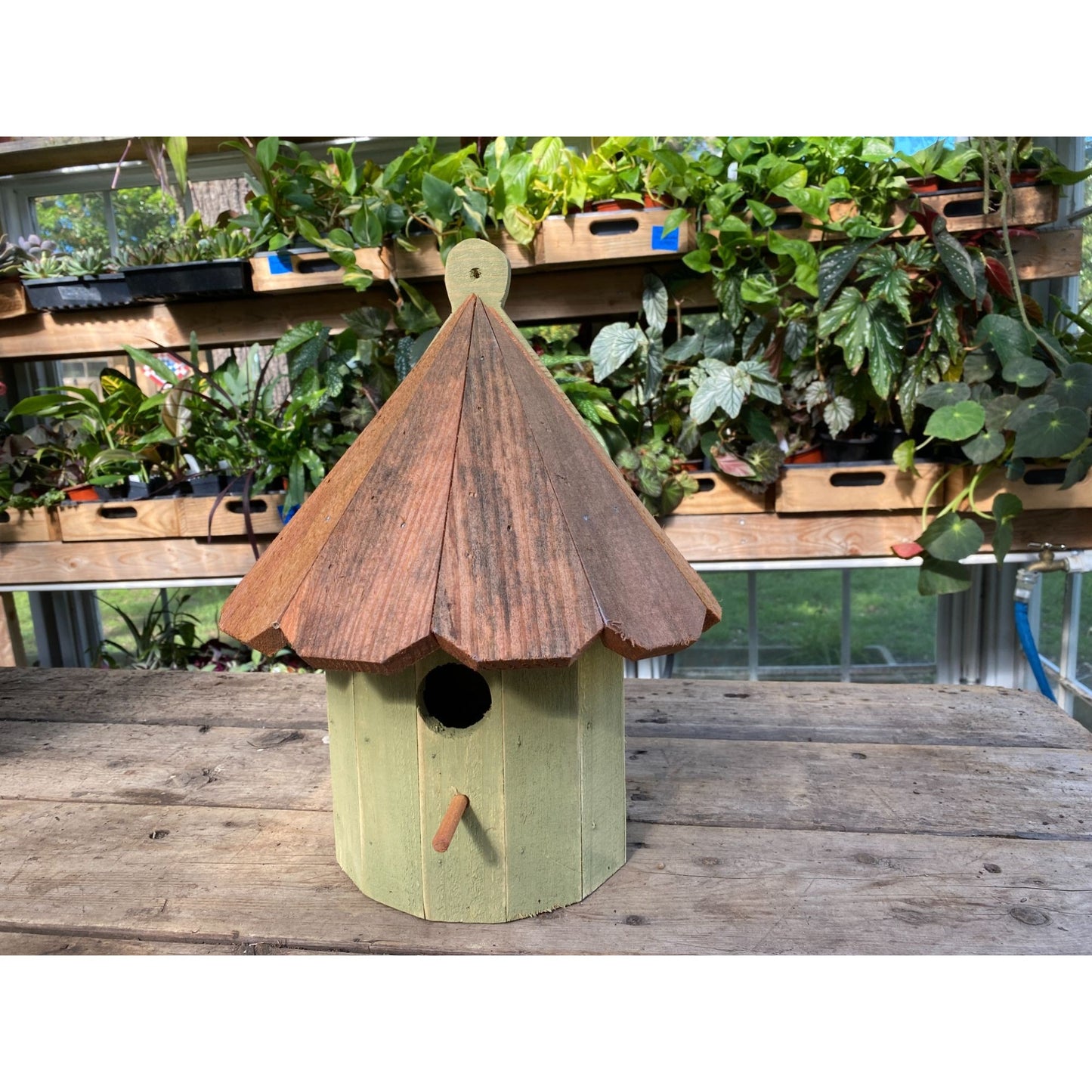 Handmade Birdhouse for Outdoor Use 1/2 Round Bayberry Green with Stained Roof