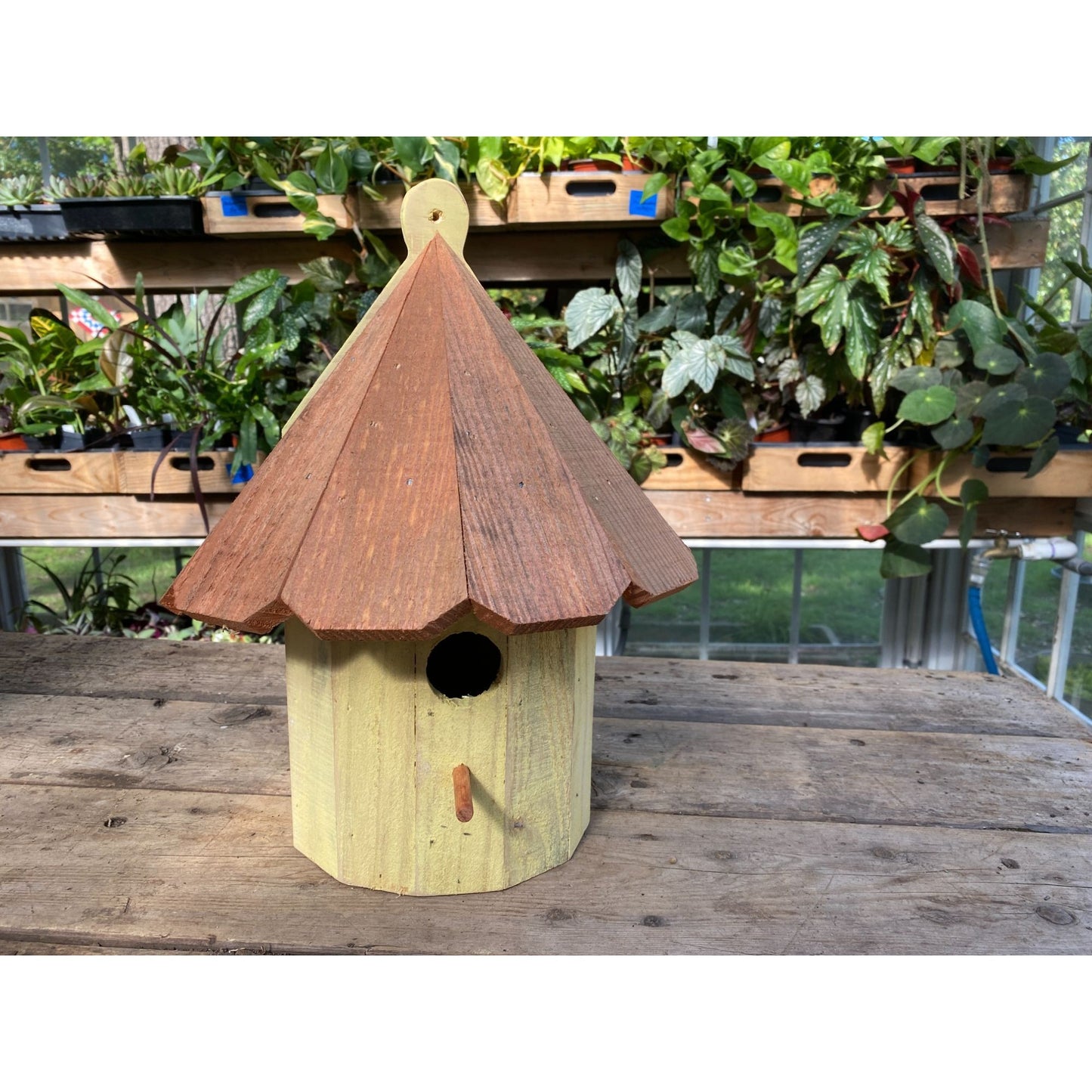 Handmade Birdhouse for Outdoor Use 1/2 Round Buttercup Yellow with Stained Roof