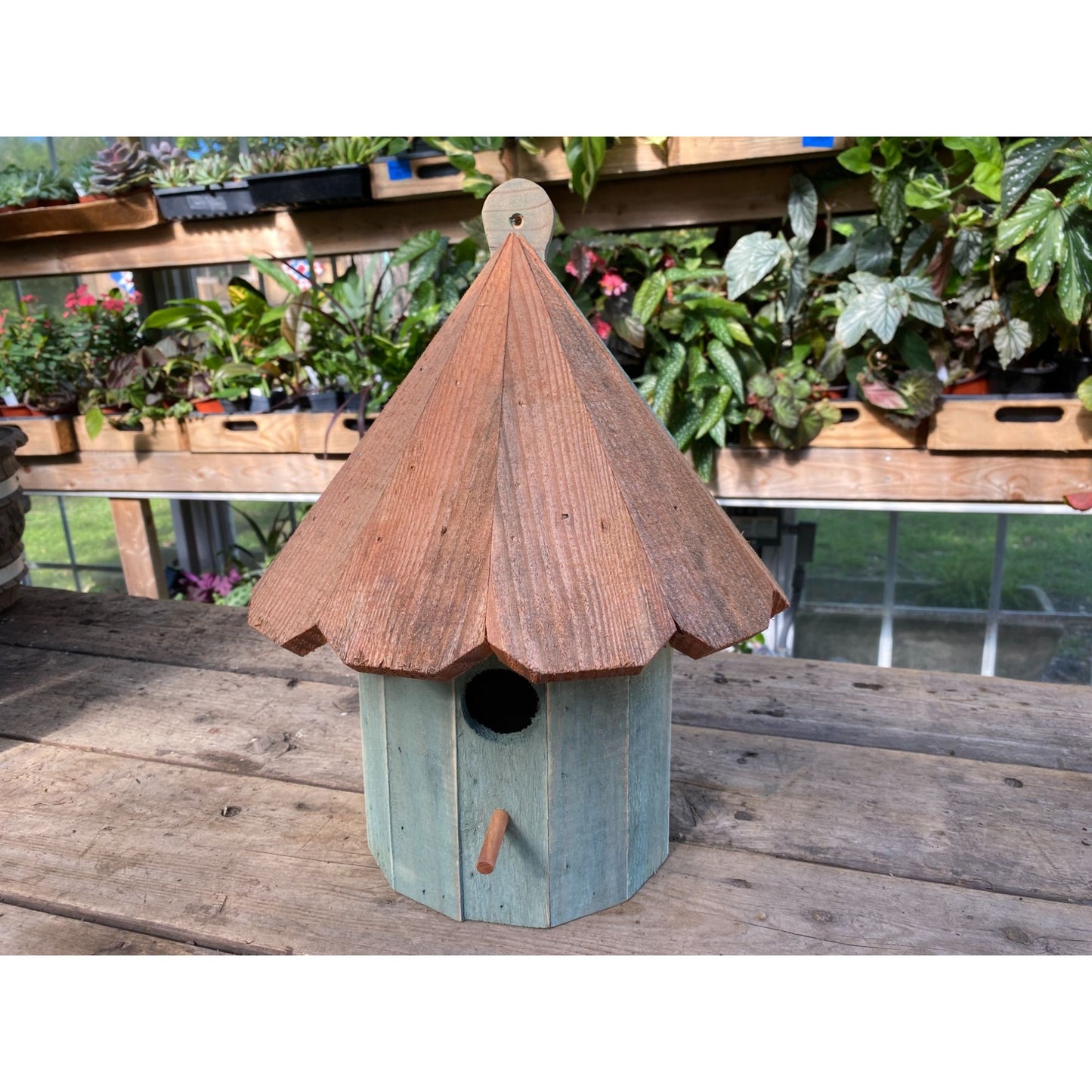 Handmade Birdhouse for Outdoor Use 1/2 Round Blue Spruce with Stained Roof