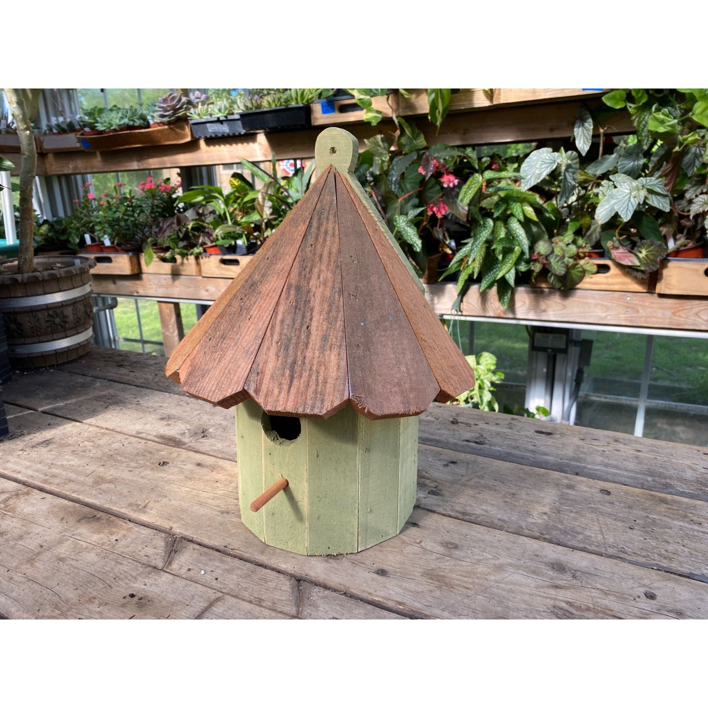 Handmade Birdhouse for Outdoor Use 1/2 Round Bayberry Green with Stained Roof