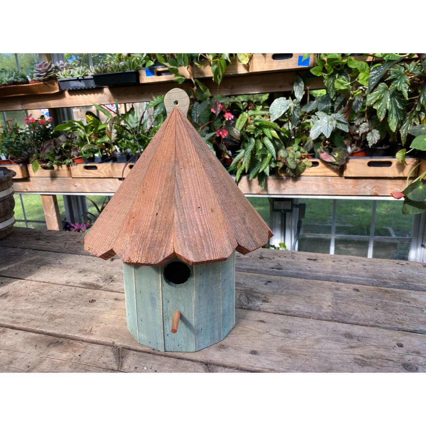 Handmade Birdhouse for Outdoor Use 1/2 Round Blue Spruce with Stained Roof