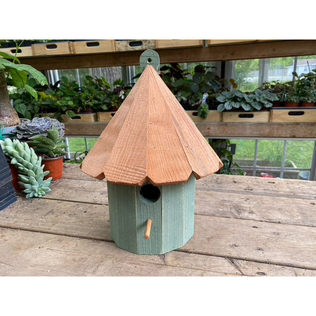 Handmade Birdhouse for Outdoor Use 1/2 Round Lexington Green with Stained Roof