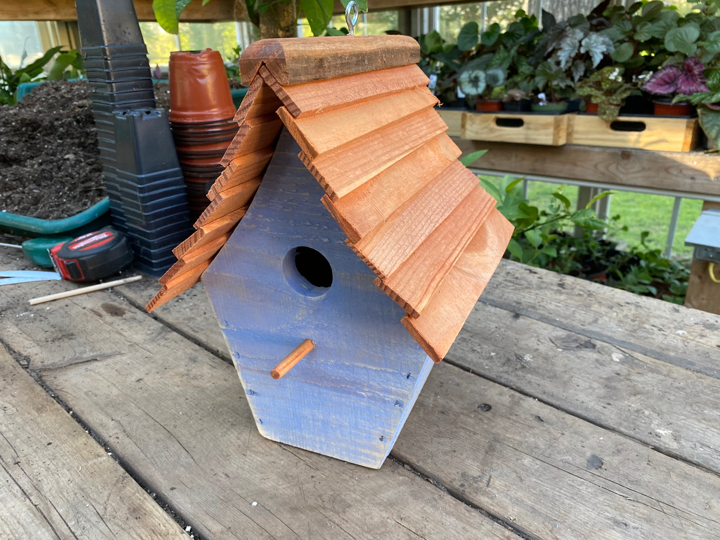 Handmade Birdhouse for Outdoor Use - Cornflower Blue Milk Paint and Stained Roof